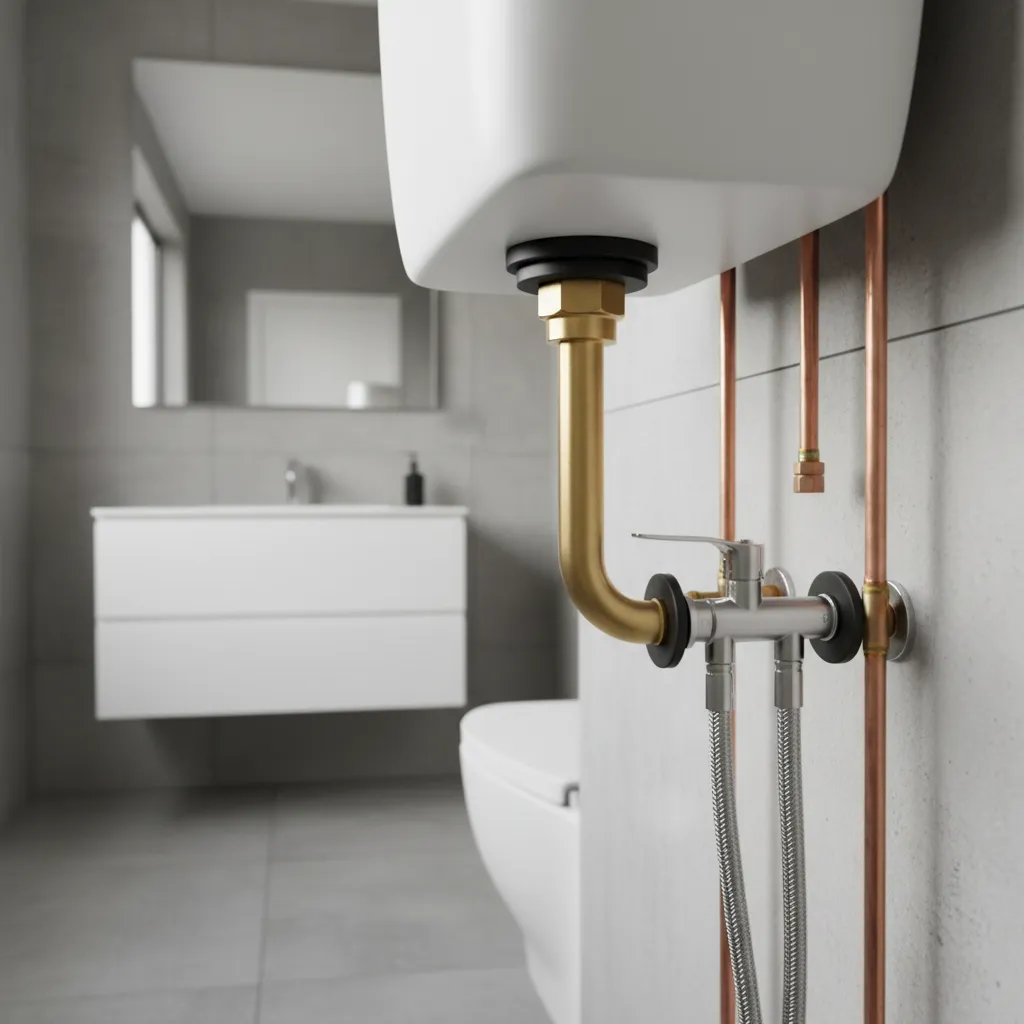 Close view of bathroom water tank plumbing connections during installation