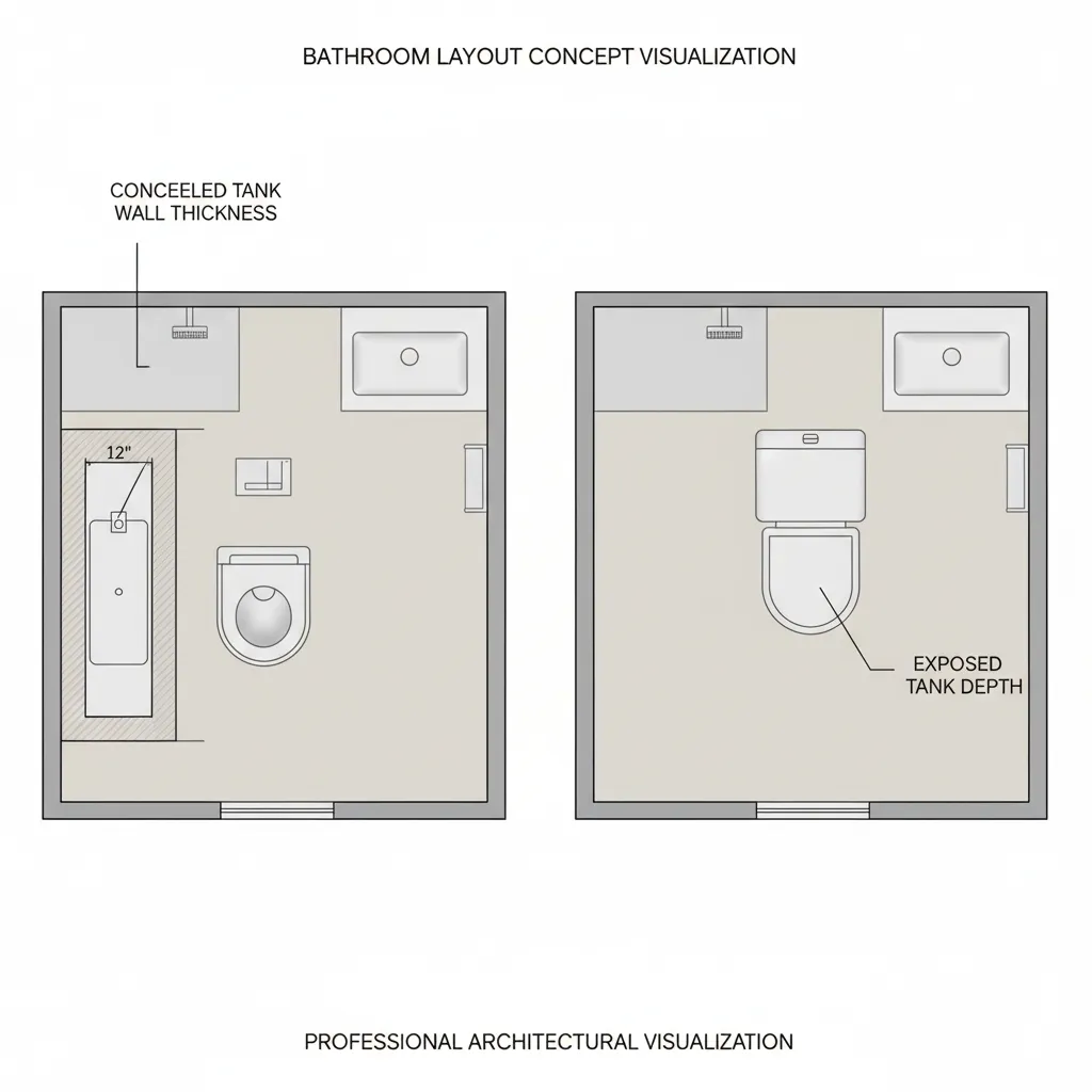 Bathroom layout diagram showing depth requirements for different toilet tanks