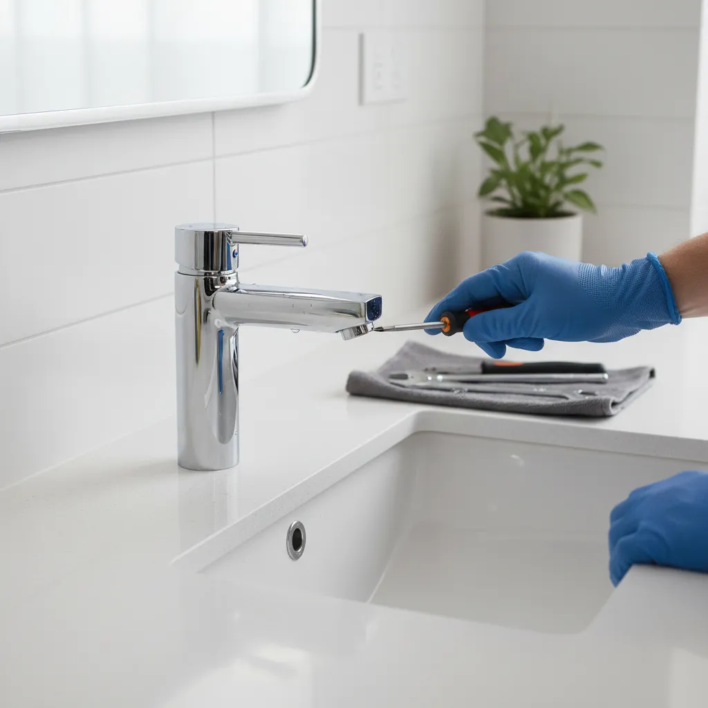 Plumber tightening a loose bathroom tap handle during repair
