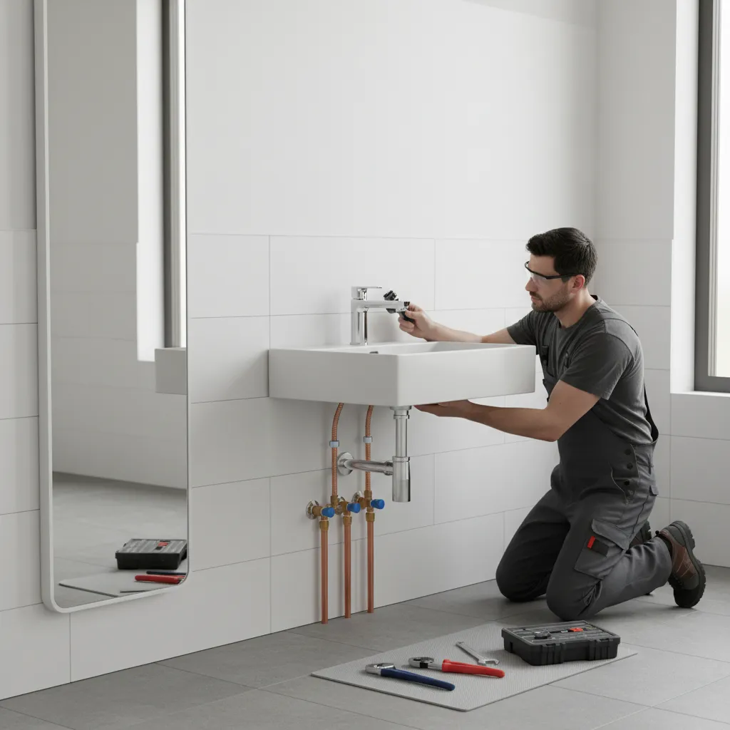 Plumber installing bathroom tap with proper plumbing connections