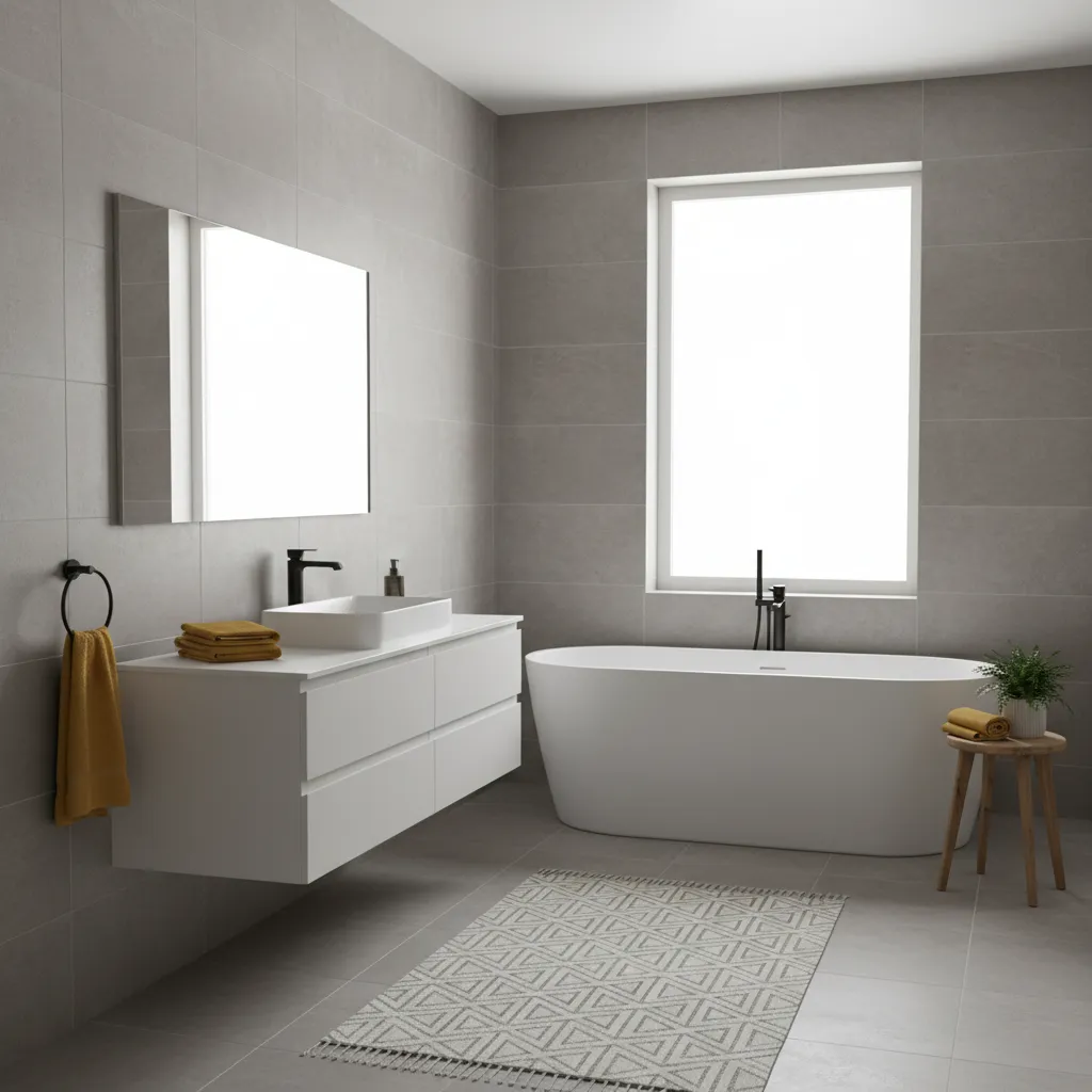 Gray bathroom styled with accent color towels and rug