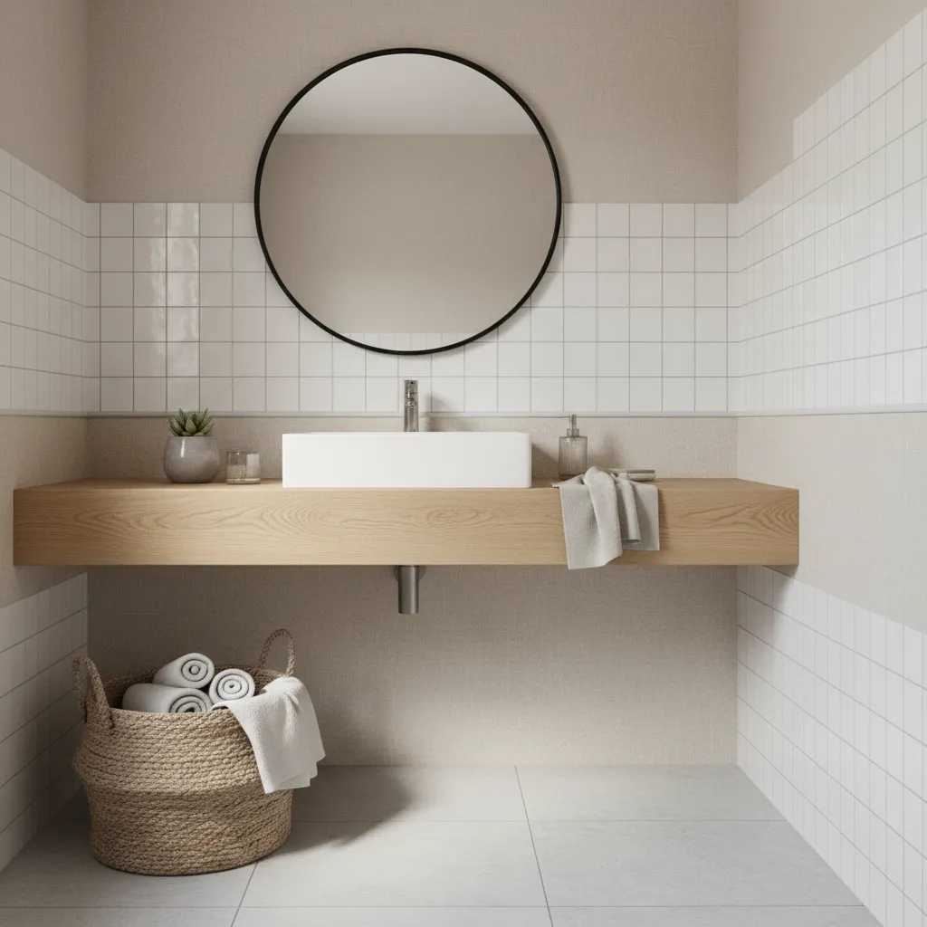 Bathroom showing texture layering with burlap basket wood shelf and white tile