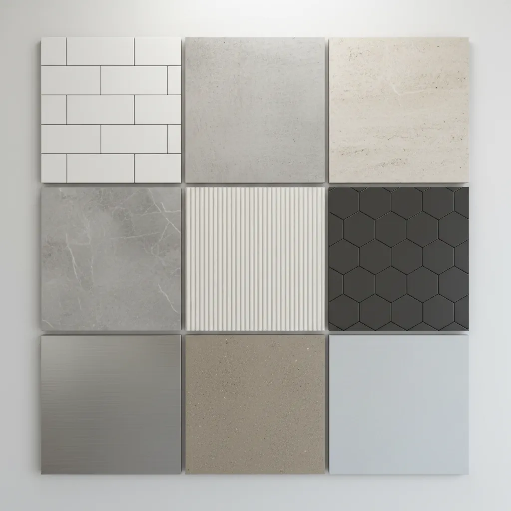 Nine square wall and floor tile samples showing different patterns colors and textures for renovation