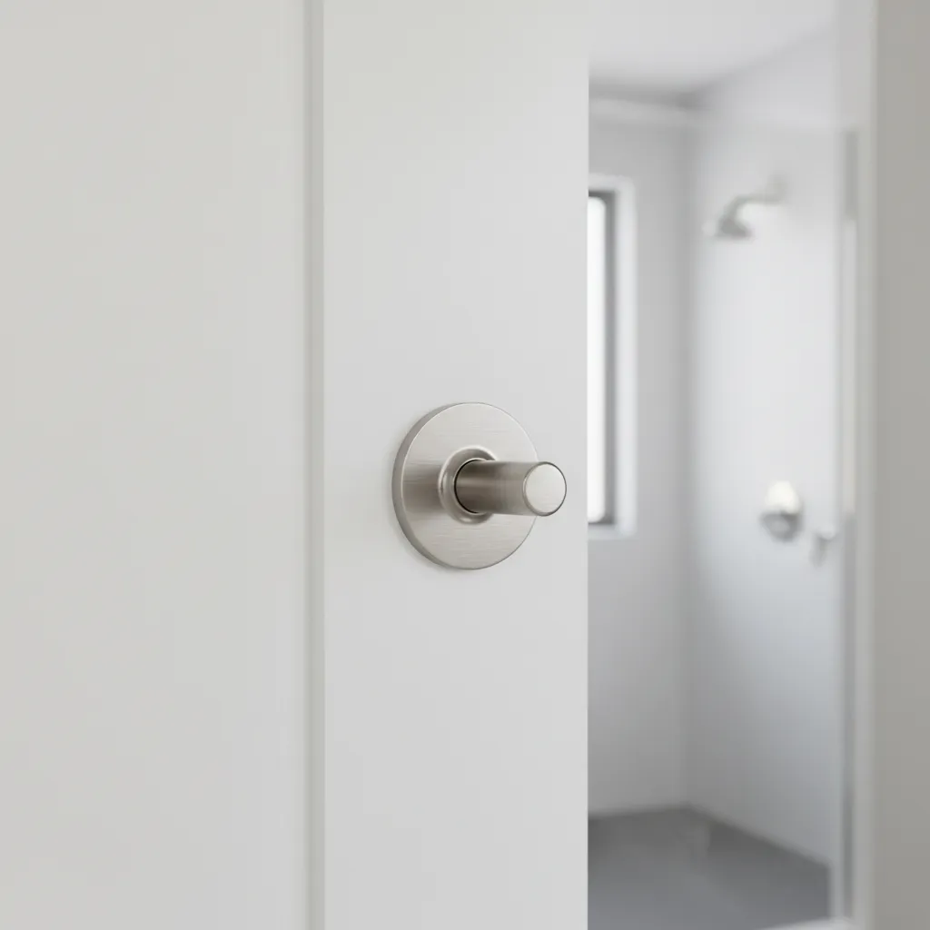 Close view of a bathroom door with thumb turn privacy lock hardware