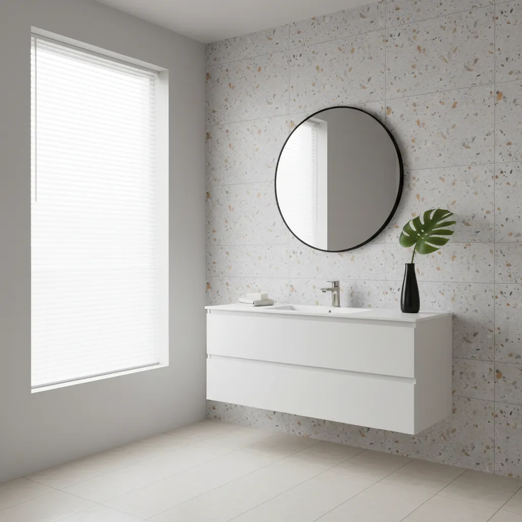 Bathroom accent wall made with peel and stick tiles behind mirror