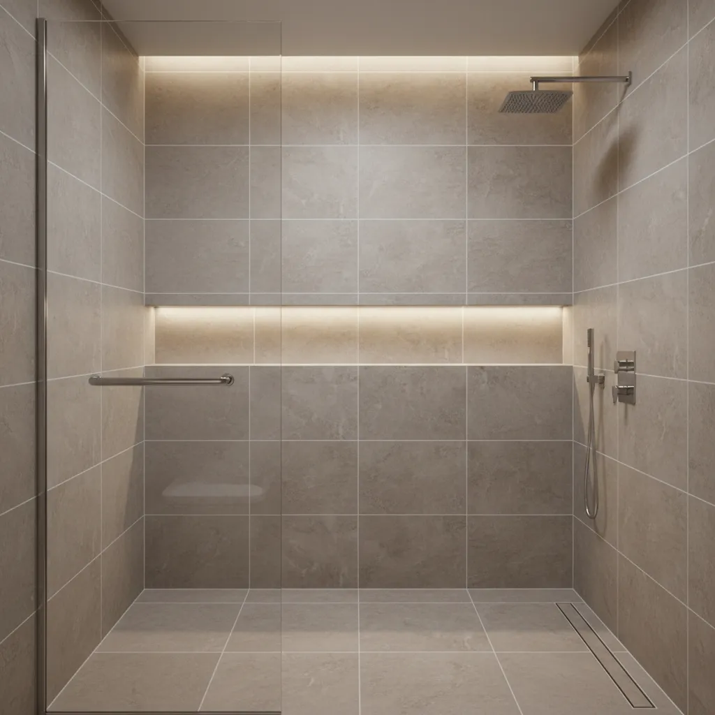 Bathroom shower niche and linear drain aligned with tile joints