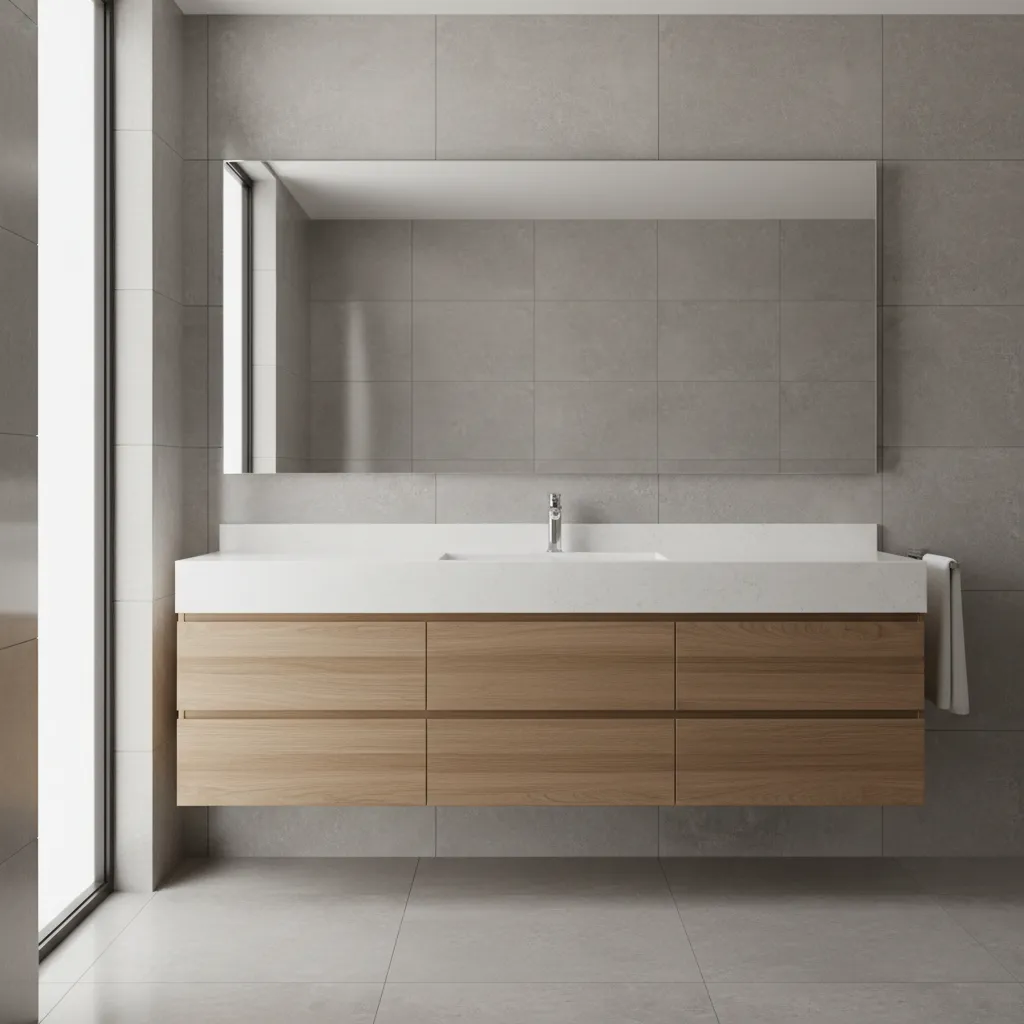 close view of bathroom tile vanity and materials used in small remodel