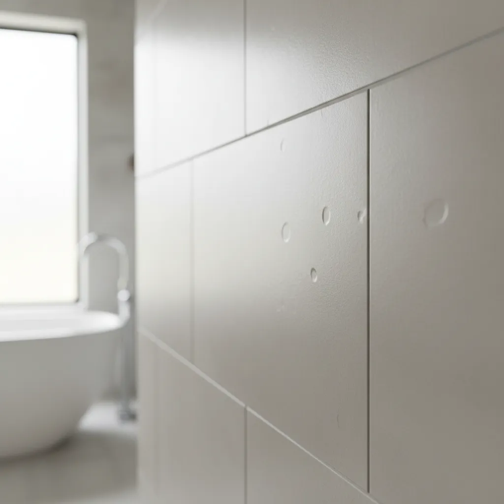 close view of bathroom wall tile showing bubbling surface caused by adhesive failure