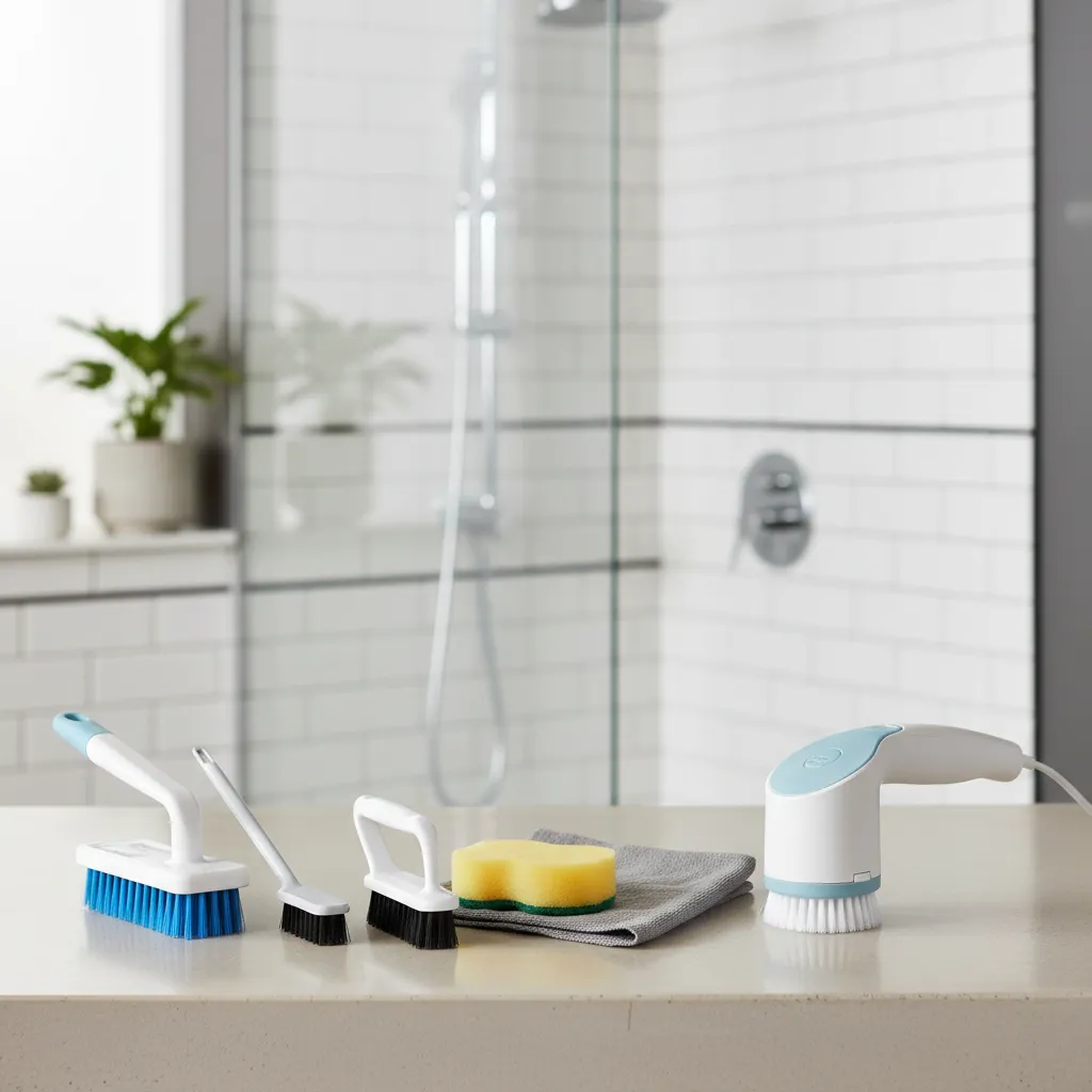 Essential bathroom tile cleaning kit with brushes sponge and microfiber cloth