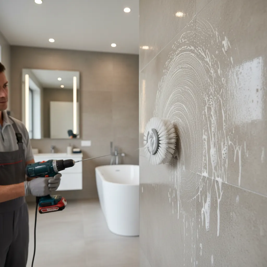 Power brush cleaning tiles with controlled foam cleaner and minimal splash