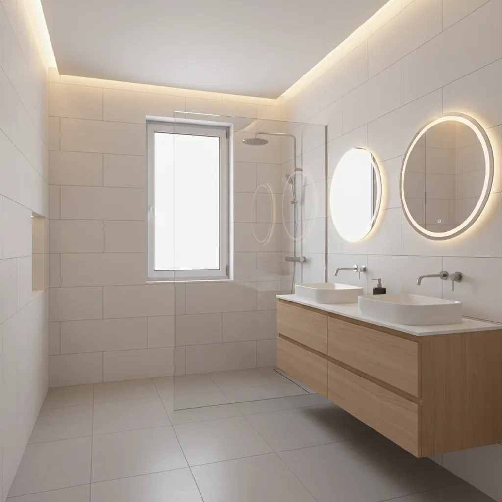 Bathroom showing white wall tiles with grey floor tiles combination