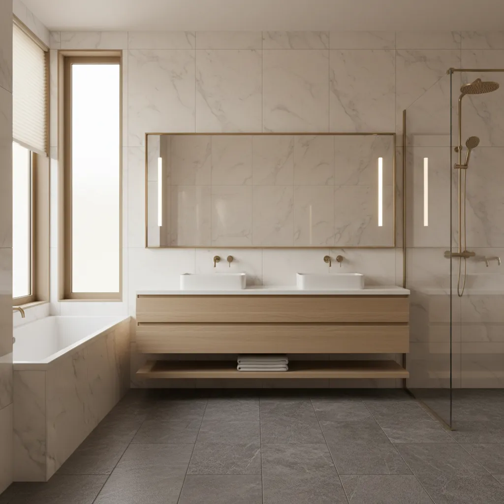 Bathroom showing contrast between light wall tiles and darker floor tiles