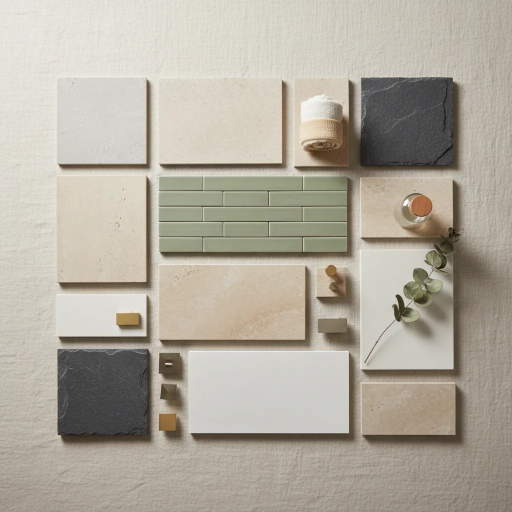Bathroom tile palette featuring gray beige sage and charcoal tiles