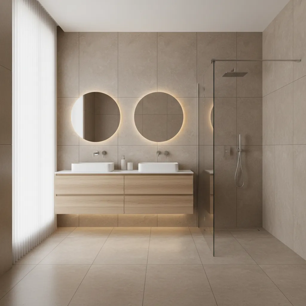 modern bathroom with large tiles and minimal grout lines designed for easy maintenance