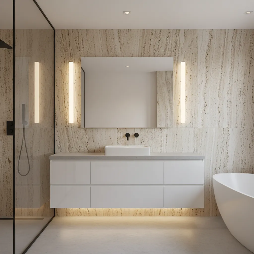Bathroom showing contrast between textured stone tiles and glossy white vanity