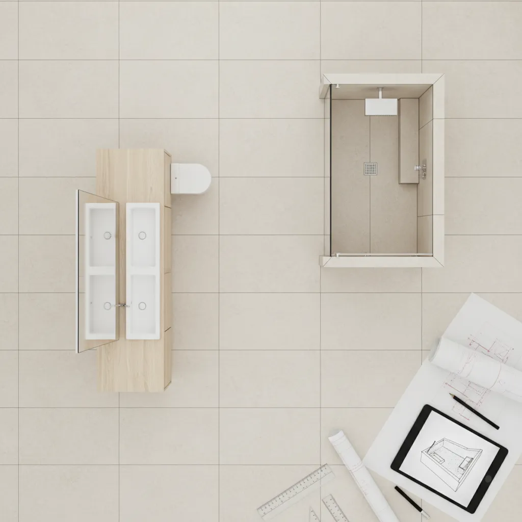 Bathroom tile grid layout planning with aligned fixtures