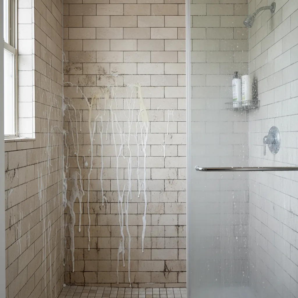 Bathroom wall tiles with visible grout buildup and soap scum before cleaning
