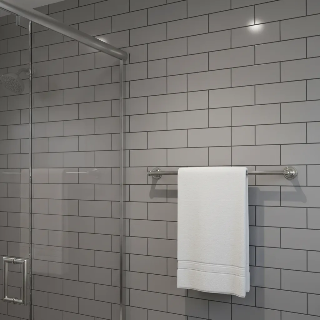 Gray wall tiles with dark grout lines, silver towel rack holding a clean white towel