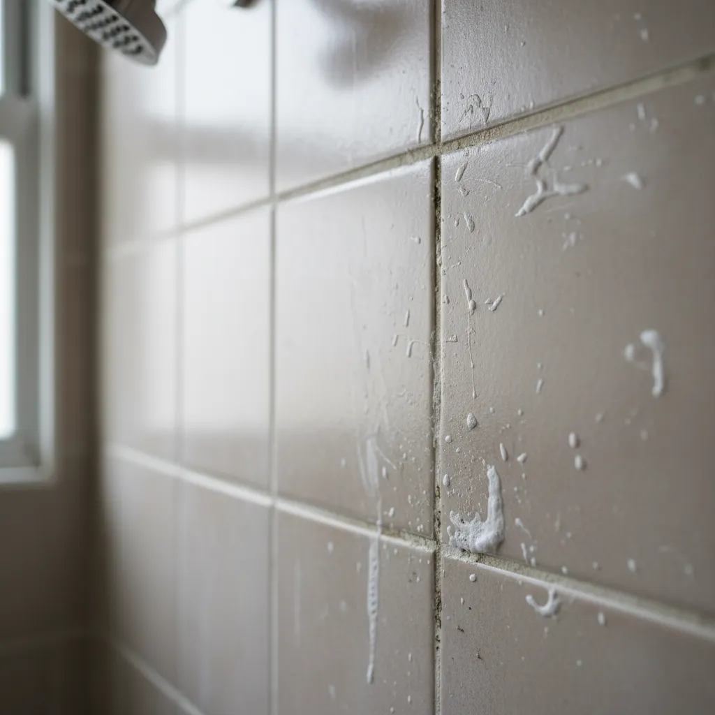 close view of bathroom tiles with dirty grout buildup