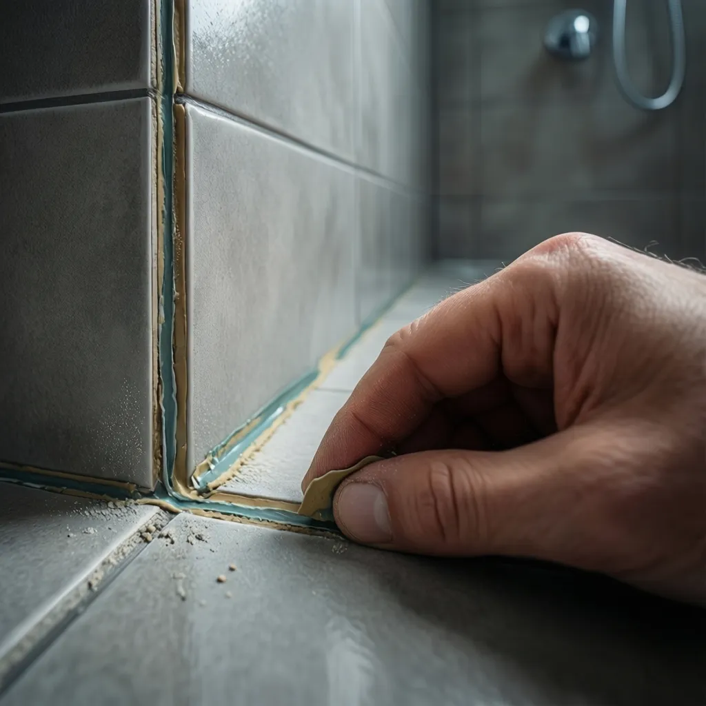 Close-up inspection of bathroom tile grout and silicone sealant near shower area