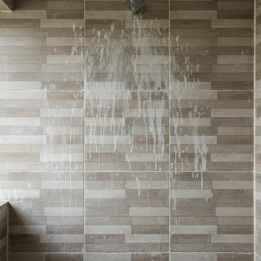 bathroom tiles with visible hard water stains and soap scum buildup