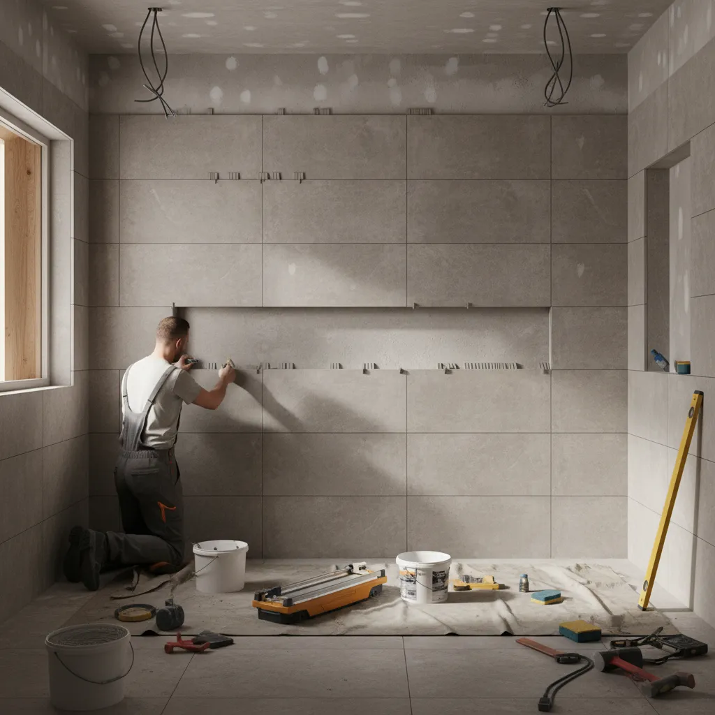 Professional installing bathroom wall tiles during renovation