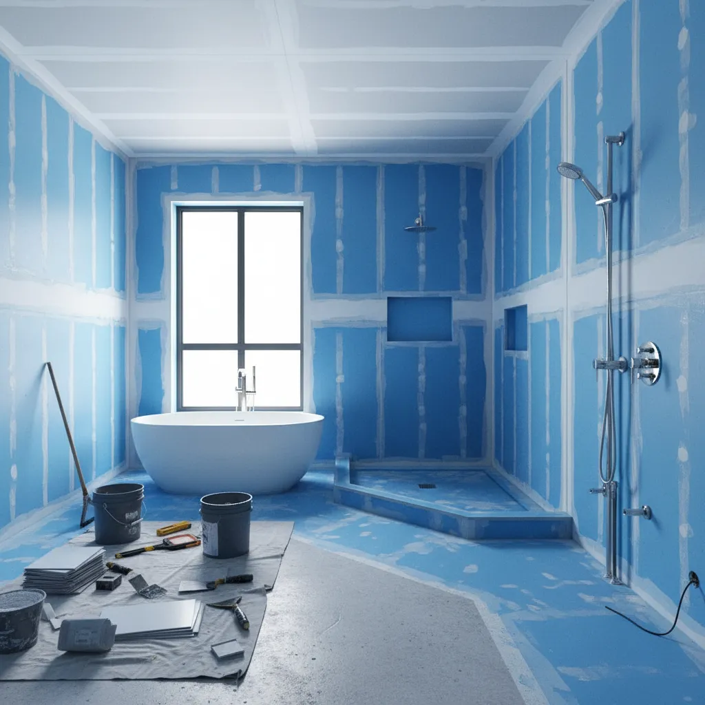 bathroom renovation with tile installation preparation and waterproofing layer