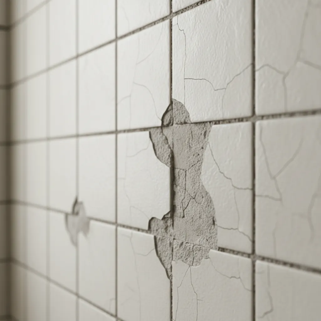 Close up of cracked bathroom grout and loose tiles after renovation