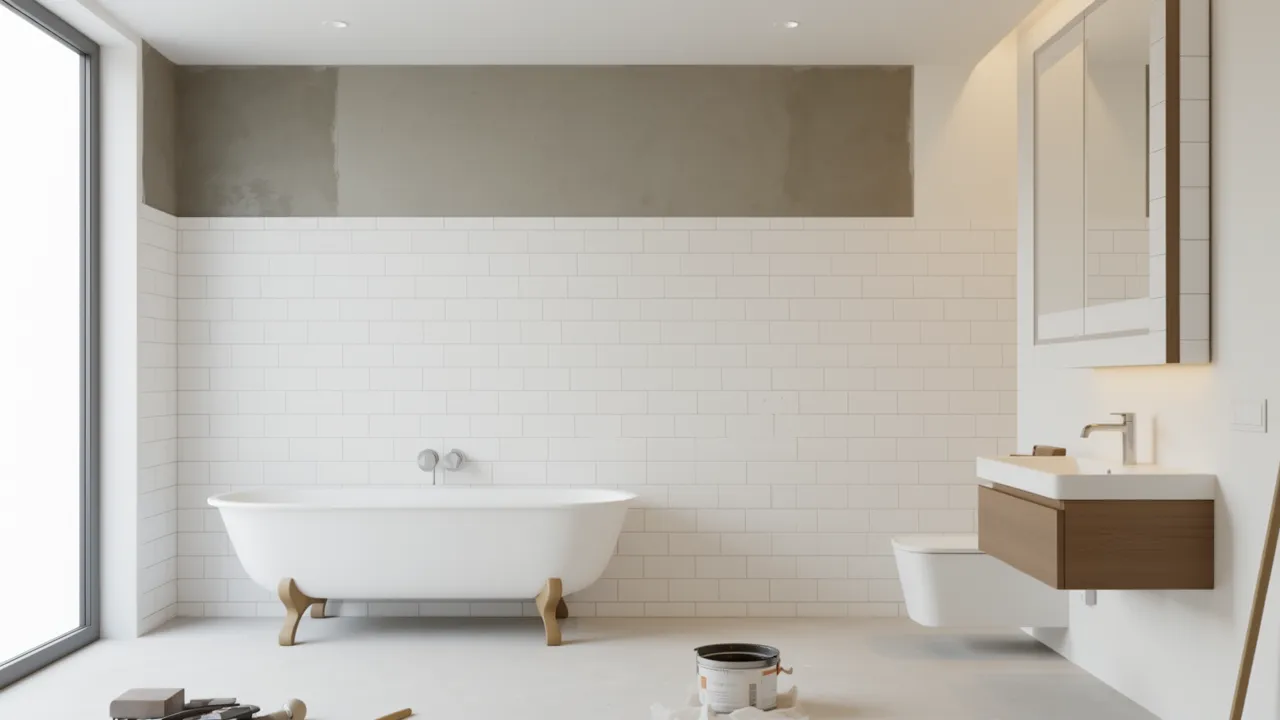 modern bathroom wall tile installation with cement adhesive