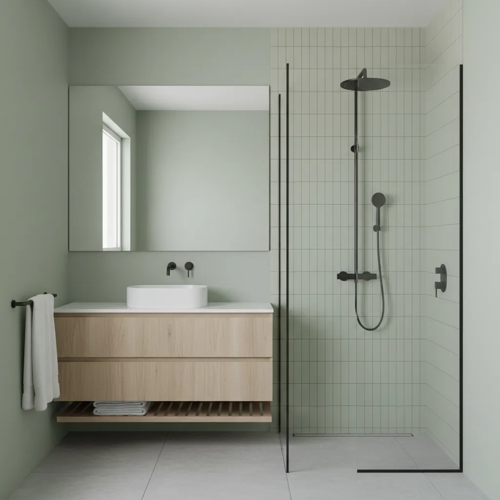 Bathroom showing tile shower walls with complementary painted walls