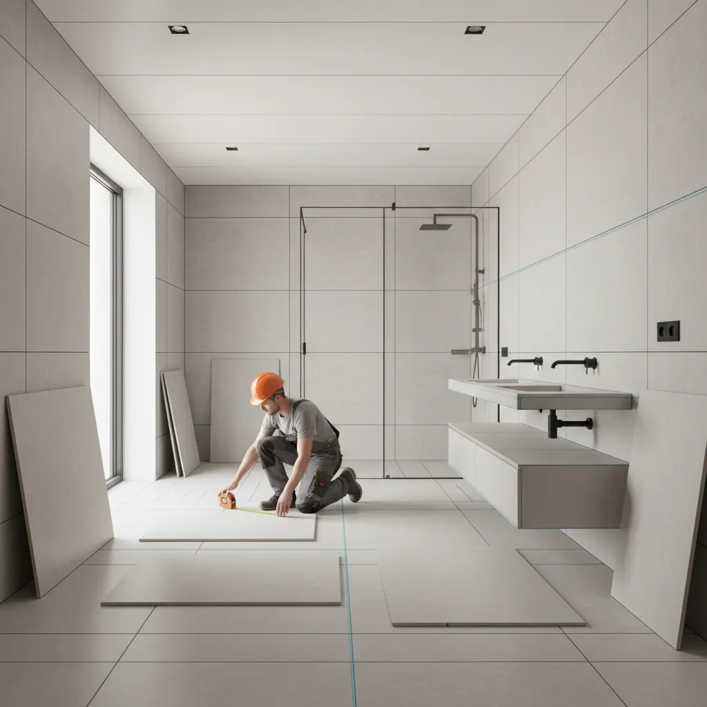Bathroom tile layout planning with grid alignment and floor tile pattern