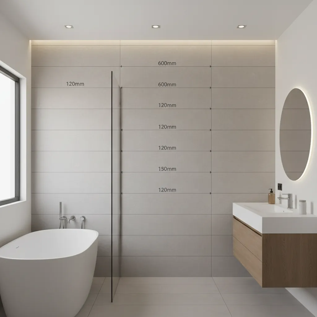 Bathroom wall layout showing alignment of 600mm x 1200mm tiles