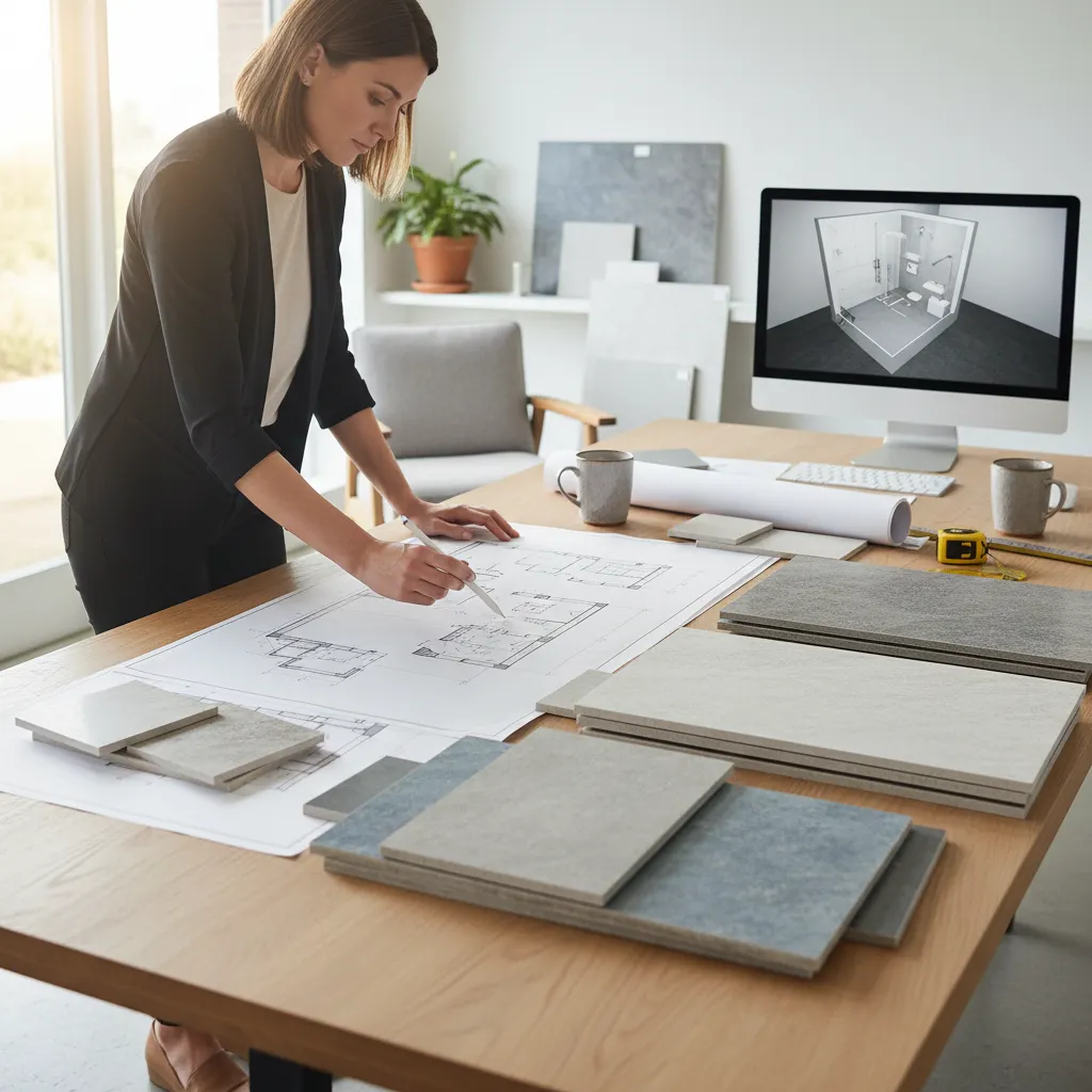 bathroom tile layout planning with large format tiles and floor plan