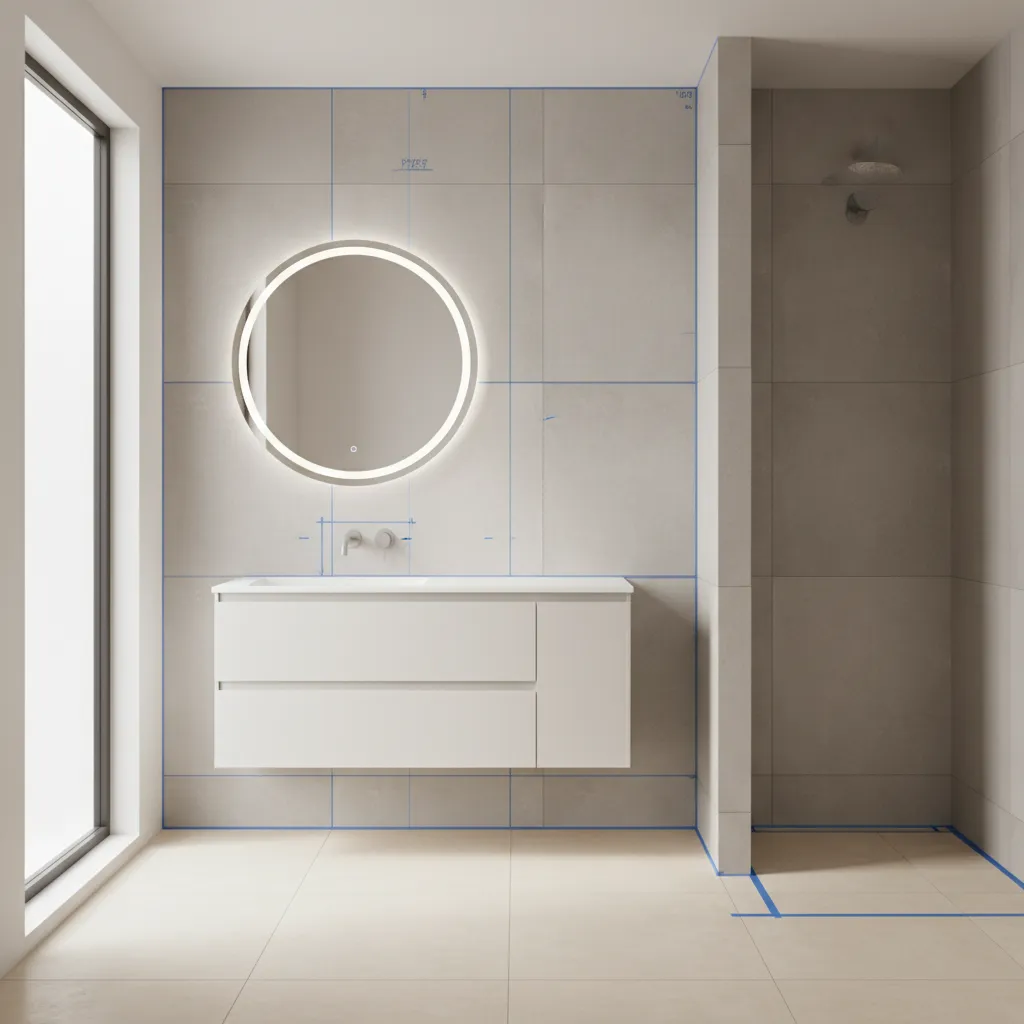 designer planning bathroom tile layout with large wall tiles and aligned grout lines