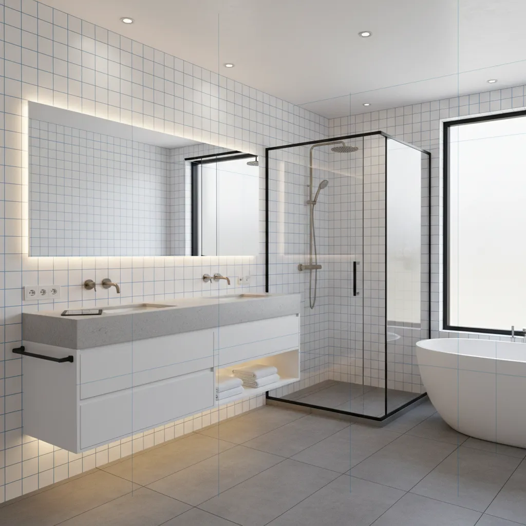 Bathroom design visualization showing tile layout with white vanity