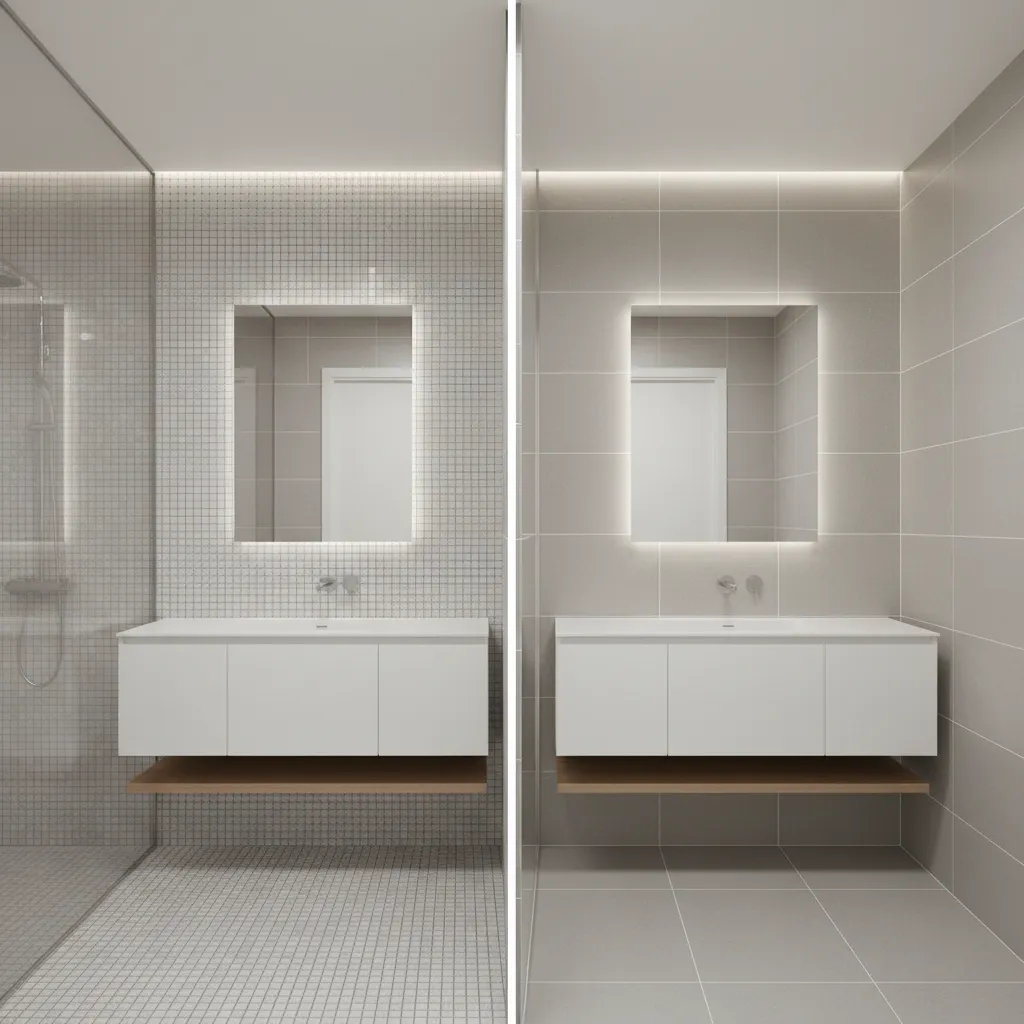 Comparison of different tile sizes affecting bathroom visual scale