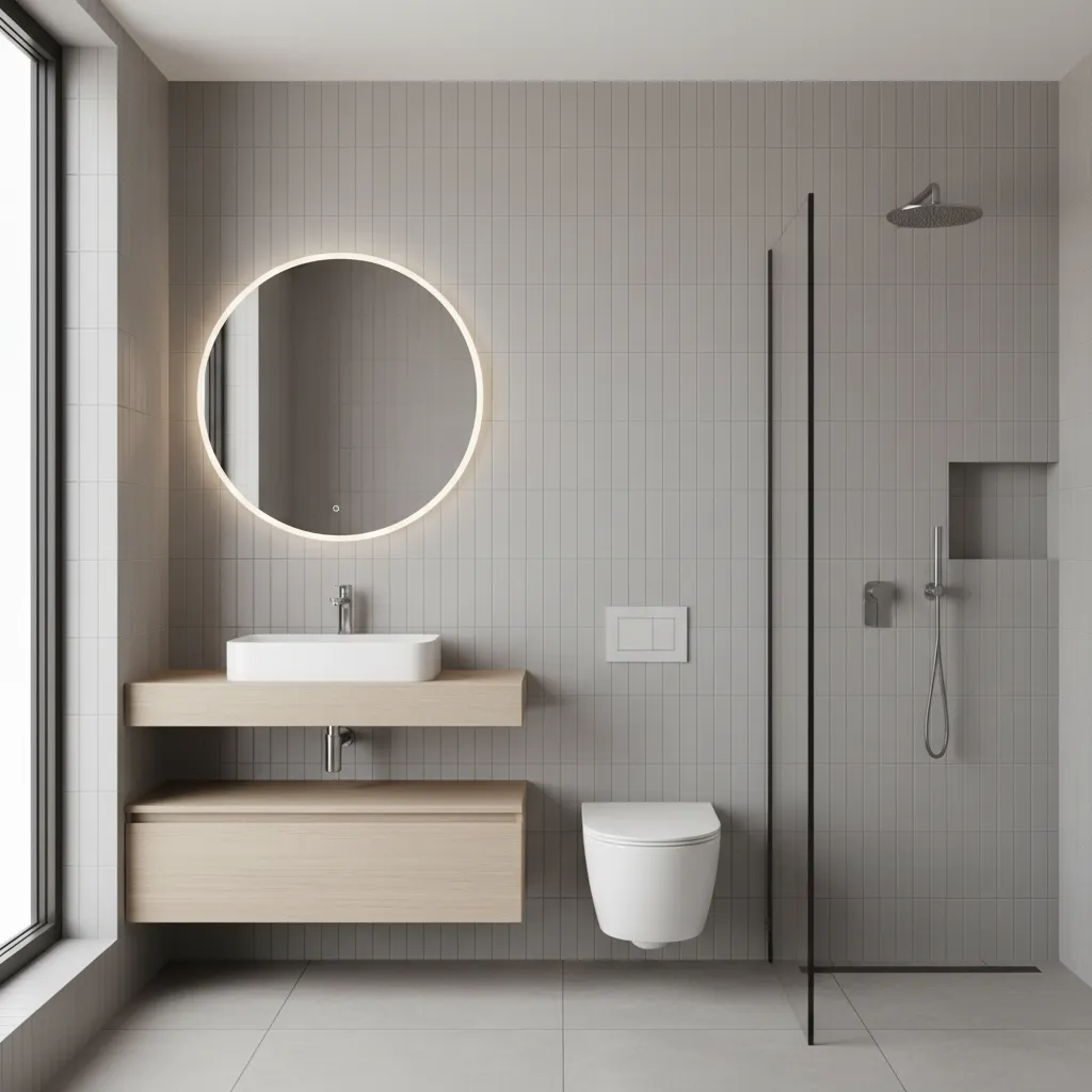 Bathroom wall with vertical stacked tiles showing modern tile layout