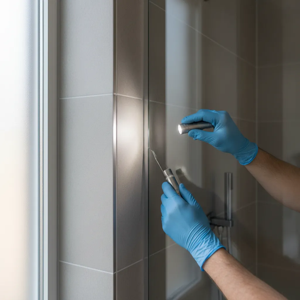 Professional inspecting bathroom tiles and grout for water leakage issues
