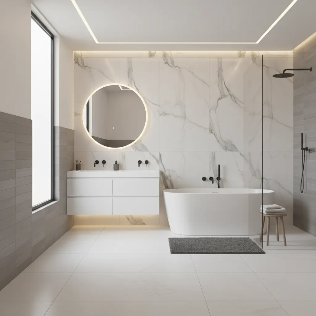Bathroom interior showing mixed materials including porcelain floor tiles and ceramic wall tiles