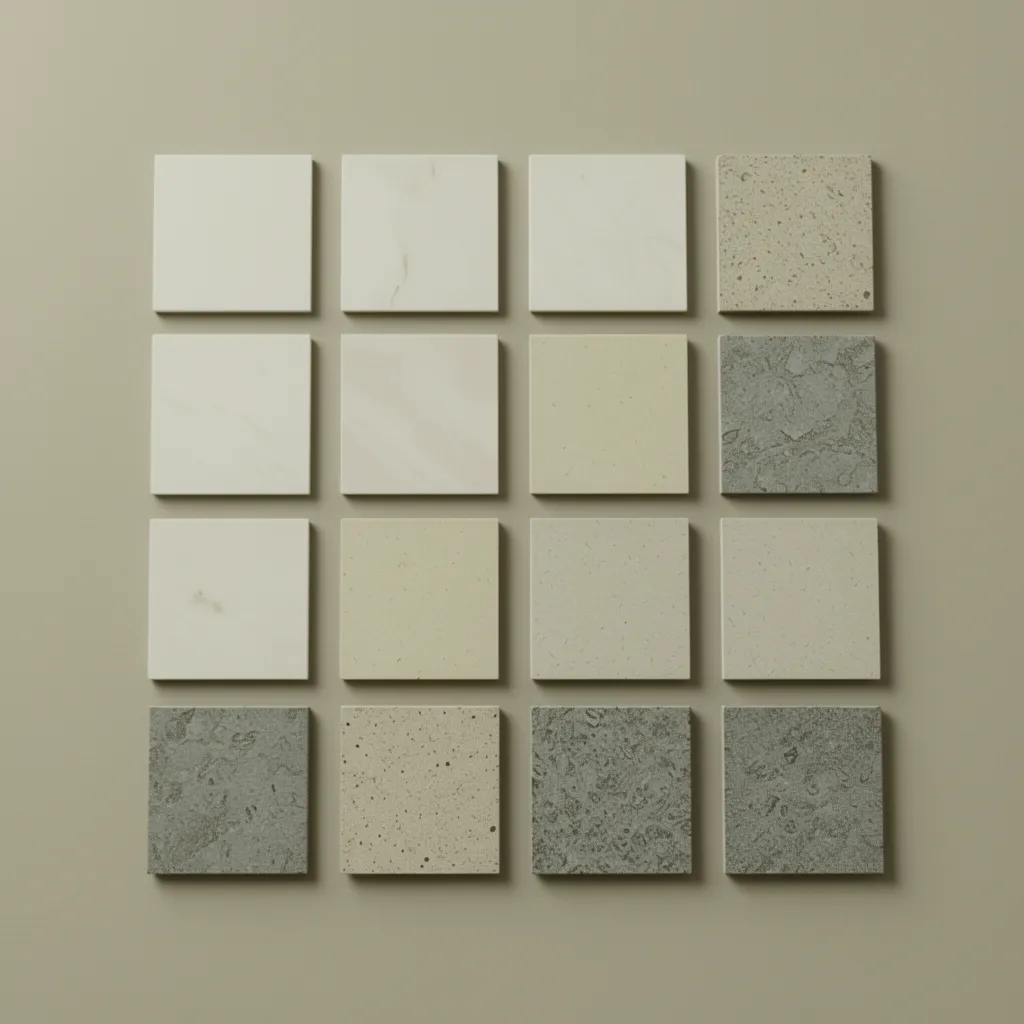 Ceramic porcelain and natural stone bathroom tile samples displayed together