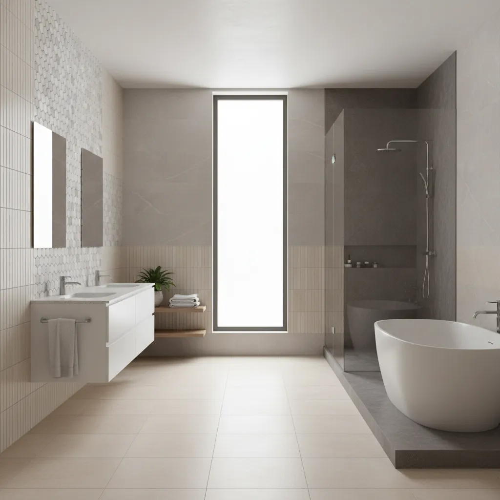 Bathroom interior showing ceramic and porcelain tile surfaces