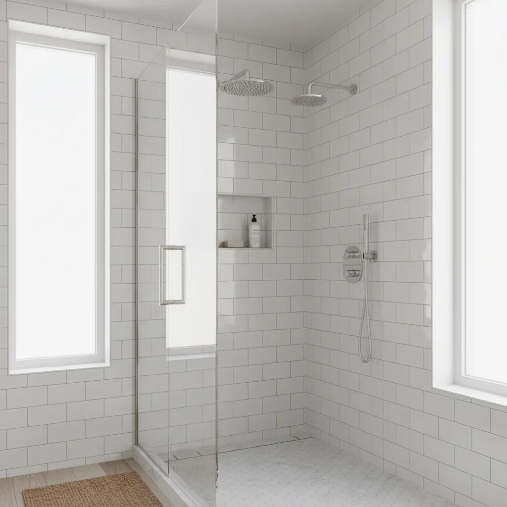 Coastal bathroom shower wall with ceramic subway tile and glass door