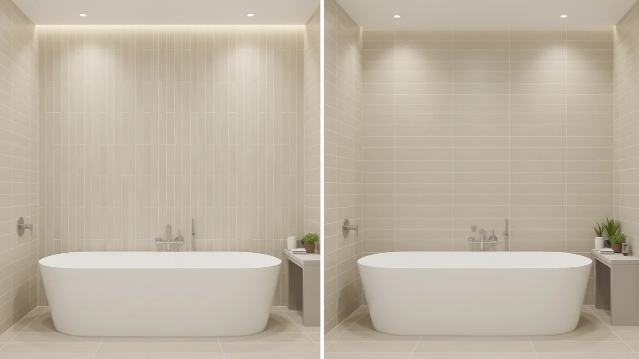 bathroom wall with rectangular tiles showing vertical and horizontal tile layout comparison