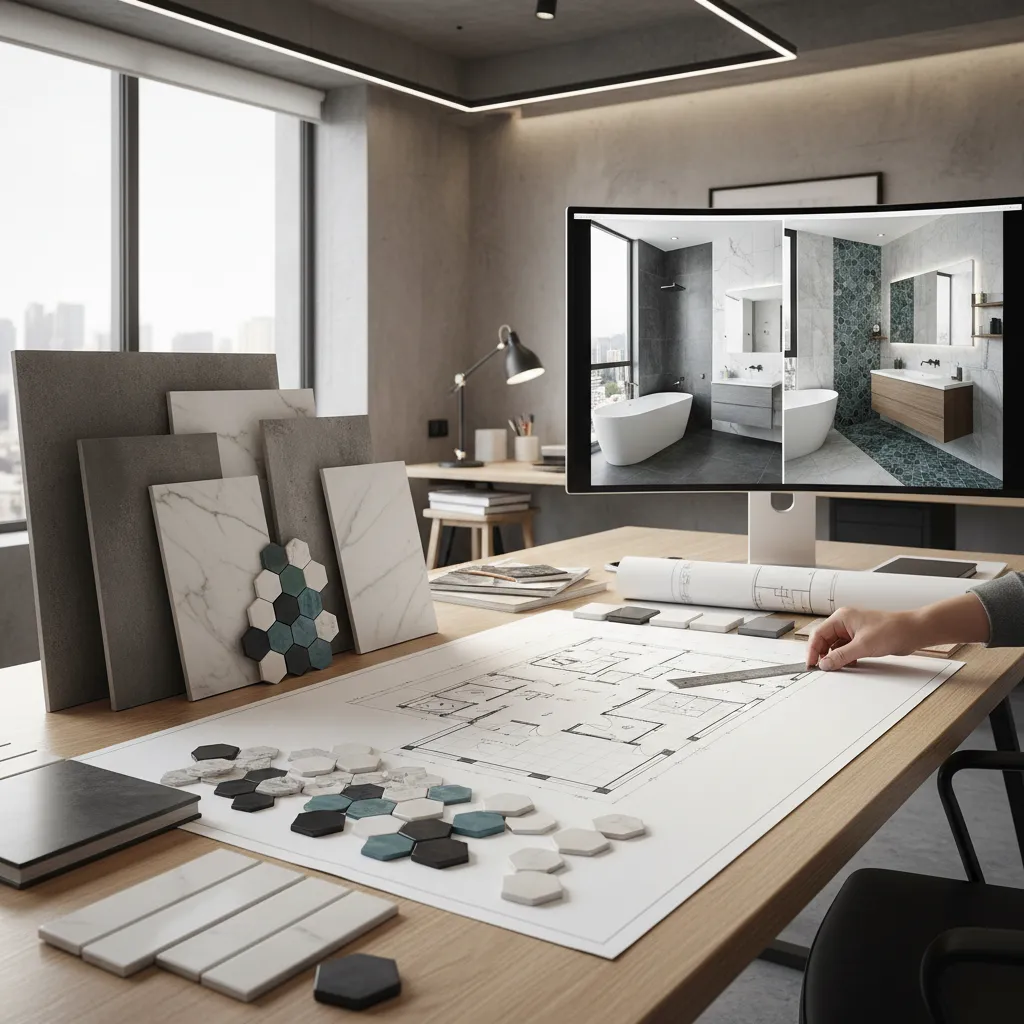 Bathroom planning scene comparing large and small tile layouts