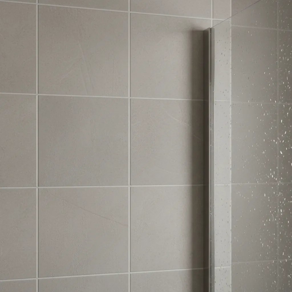 bathroom shower wall tiles showing early soap scum buildup
