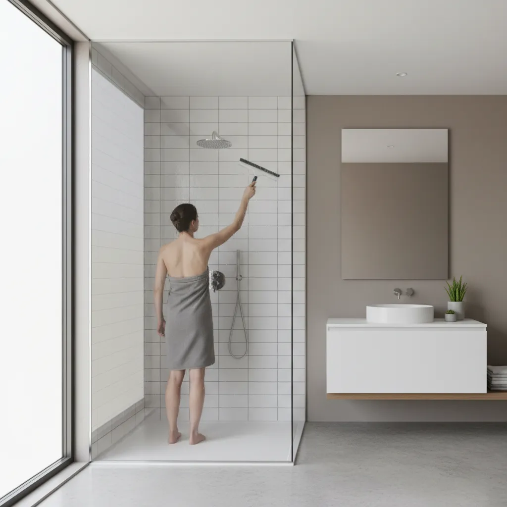 Person using a squeegee to remove water from shower tiles after bathing