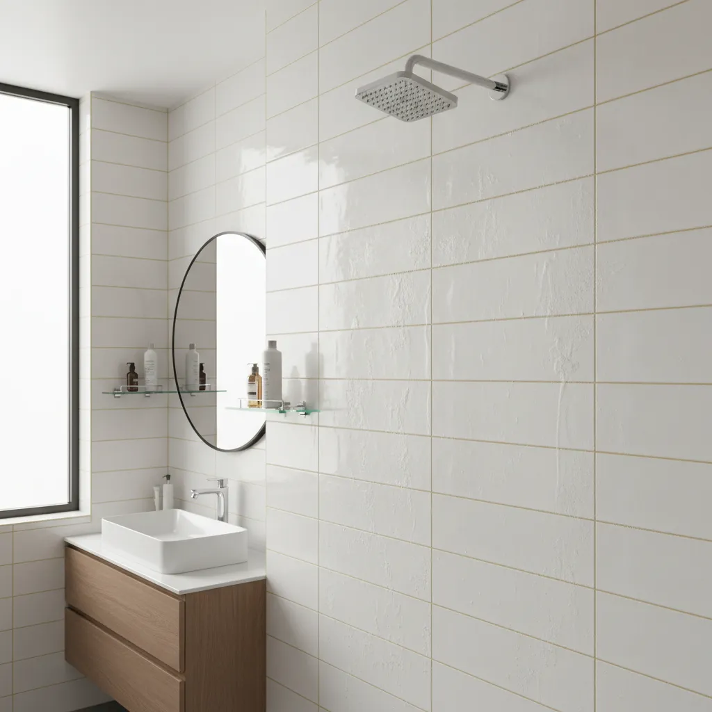 Bathroom wall tiles with visible soap scum and grout stains before cleaning