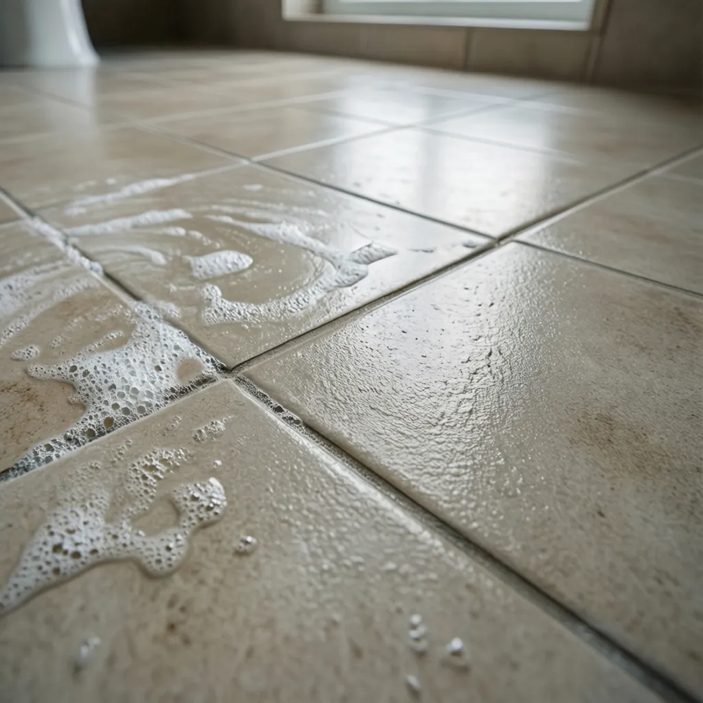 Close view of bathroom tile surface showing soap residue and mineral buildup examples