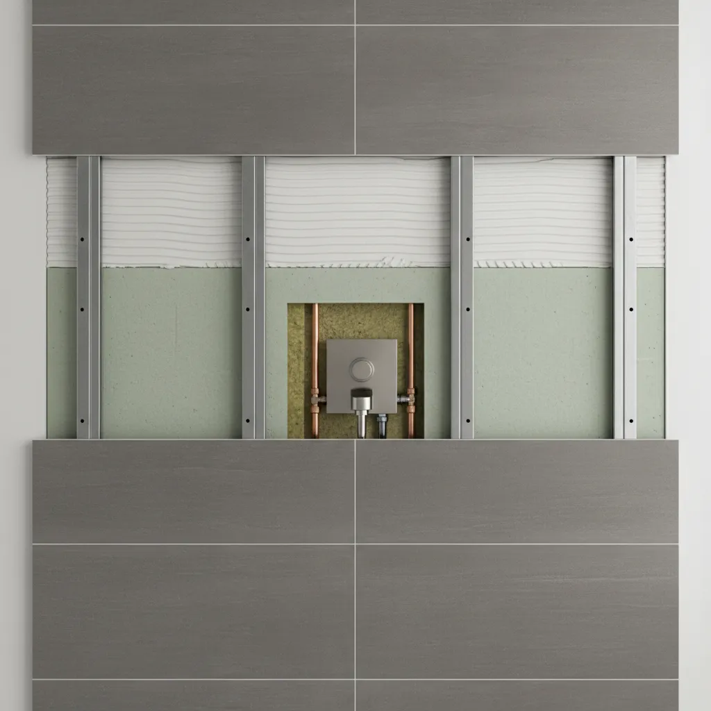 bathroom wall section showing tile thickness layers behind wall faucet