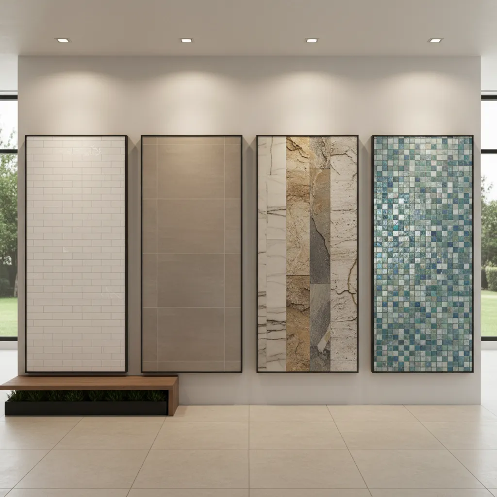 Different bathroom tile materials including ceramic porcelain and stone for cleaning comparison